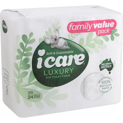 Icare 100% Recycled 3 Ply Toilet Tissue 24 Pack