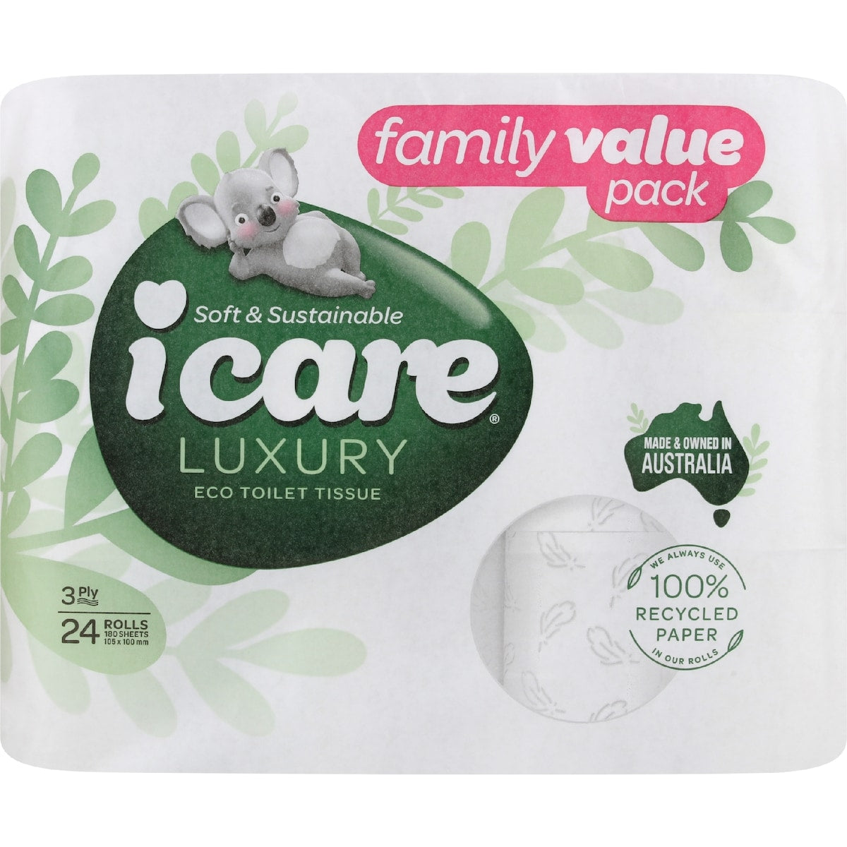 Icare 100% Recycled 3 Ply Toilet Tissue 24 Pack