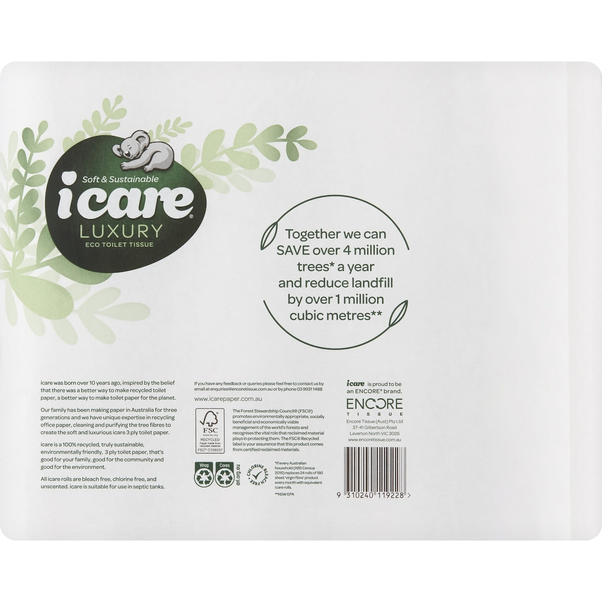 Icare 100% Recycled 3 Ply Toilet Tissue 24 Pack