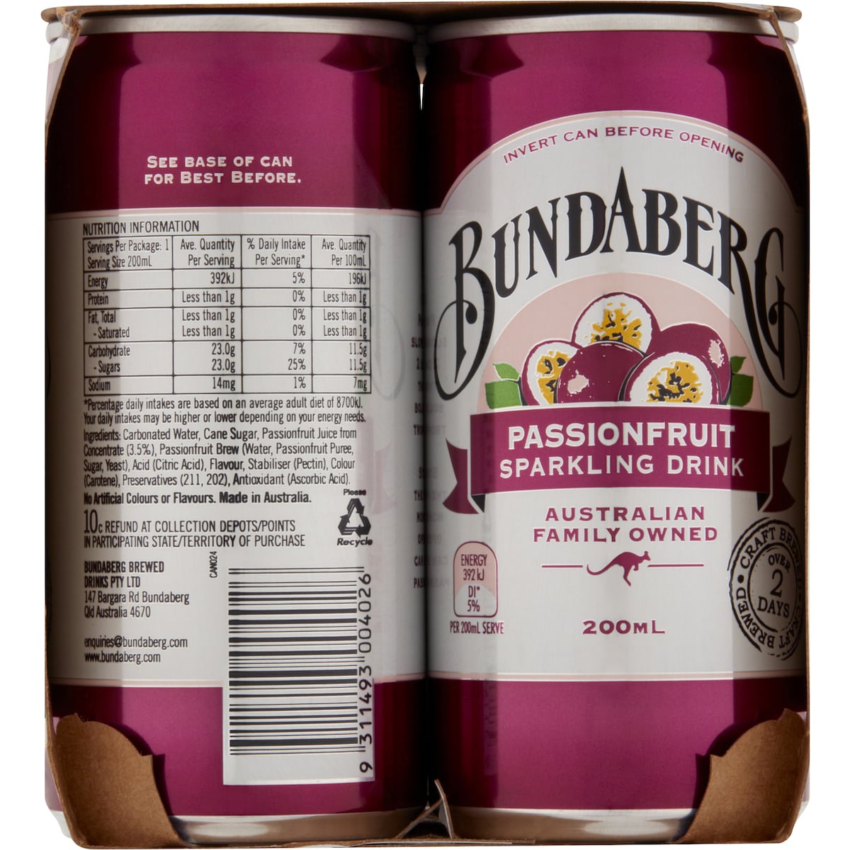 Bundaberg Passionfruit Sparkling Drink 200ml X 6 Pack