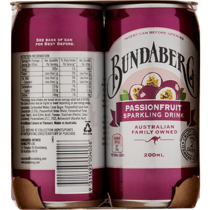 Bundaberg Passionfruit Sparkling Drink 200ml X 6 Pack