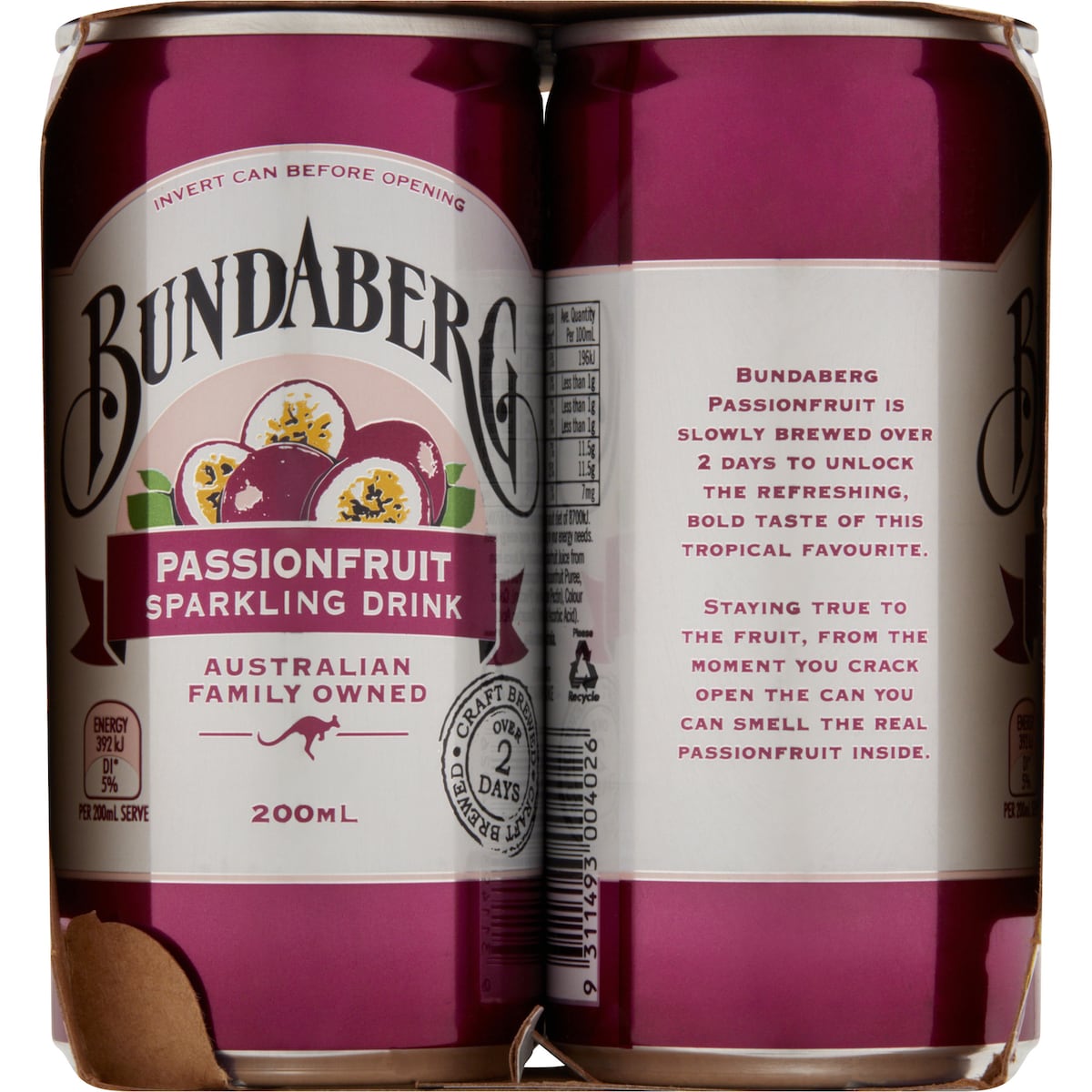 Bundaberg Passionfruit Sparkling Drink 200ml X 6 Pack