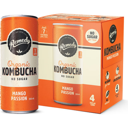 Remedy Organic Kombucha Mango Passion Cans 250ml X 4 Pack