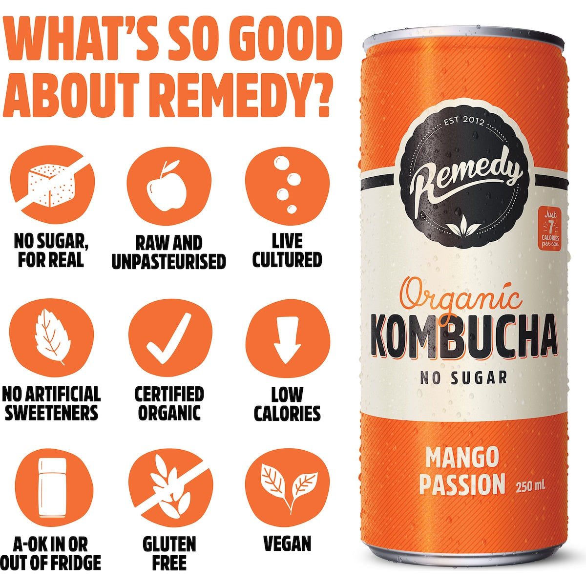 Remedy Organic Kombucha Mango Passion Cans 250ml X 4 Pack