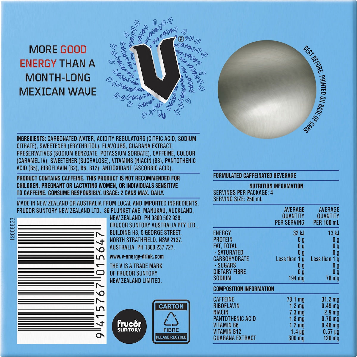 V Energy Zero Sugar Blue Drink 250ml X 4 Pack