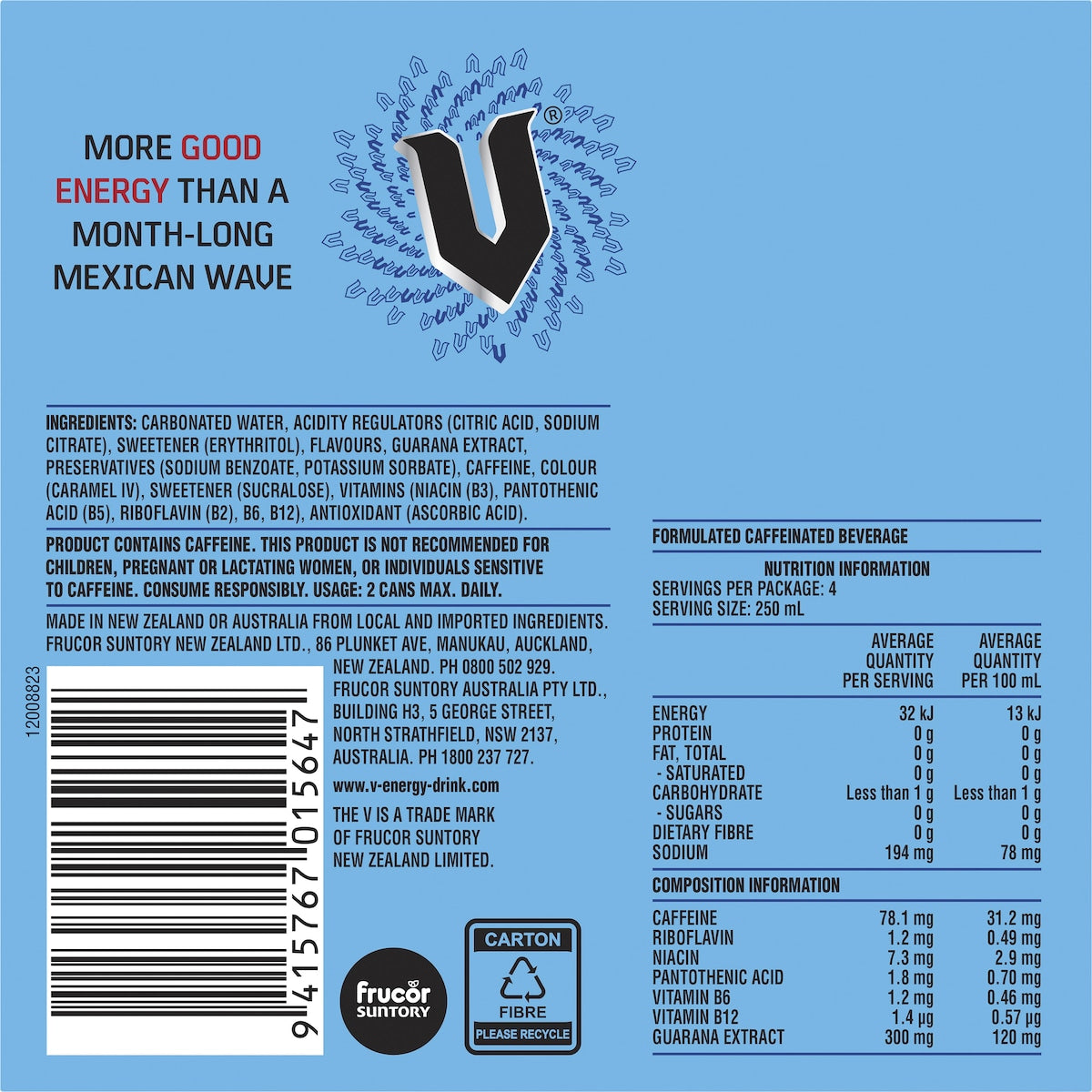 V Energy Zero Sugar Blue Drink 250ml X 4 Pack