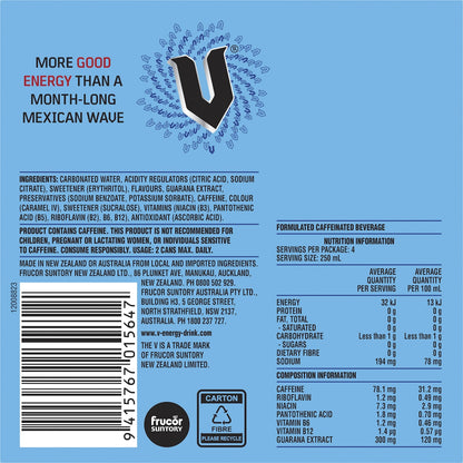 V Energy Zero Sugar Blue Drink 250ml X 4 Pack