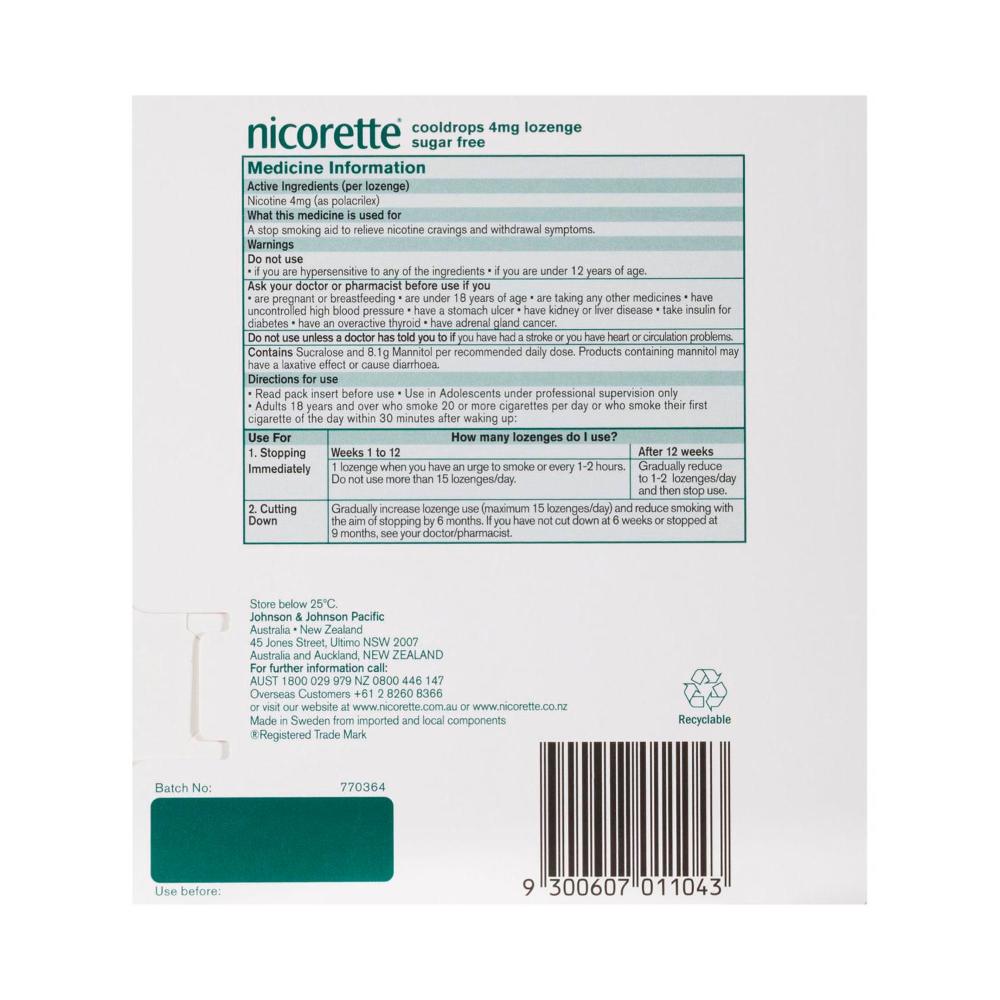 Nicorette Quit Smoking Extra Strength Cooldrops Nicotine Lozenge Icy Mint - 80 pack