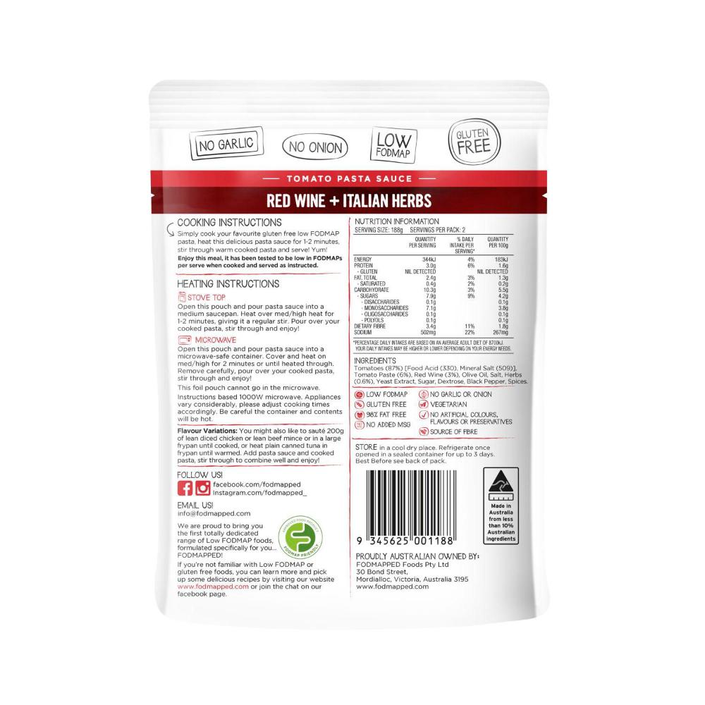 Fodmapped Gluten Free Red Wine & Tomato Pasta Sauce - 375g