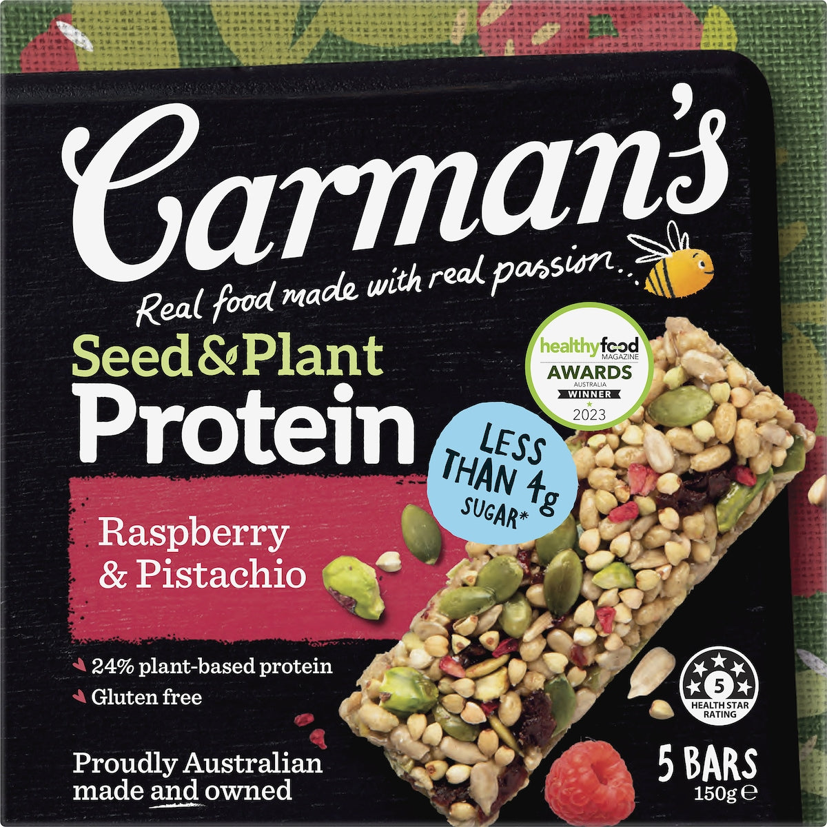 Carmans Seed & Plant Protein Bars Raspberry & Pistachio 5 Pack