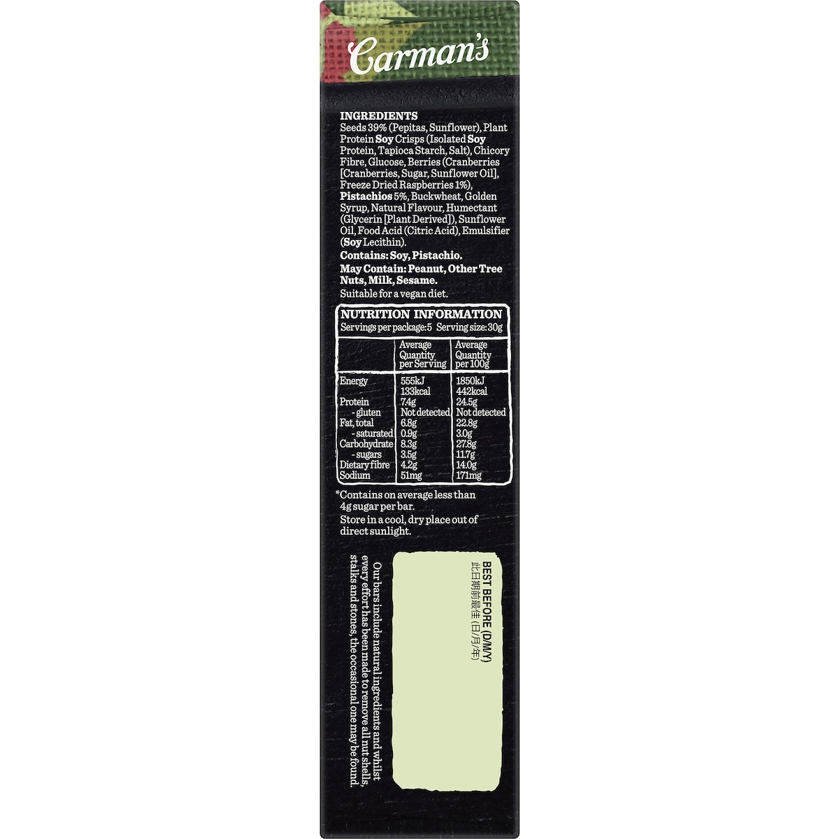 Carmans Seed & Plant Protein Bars Raspberry & Pistachio 5 Pack