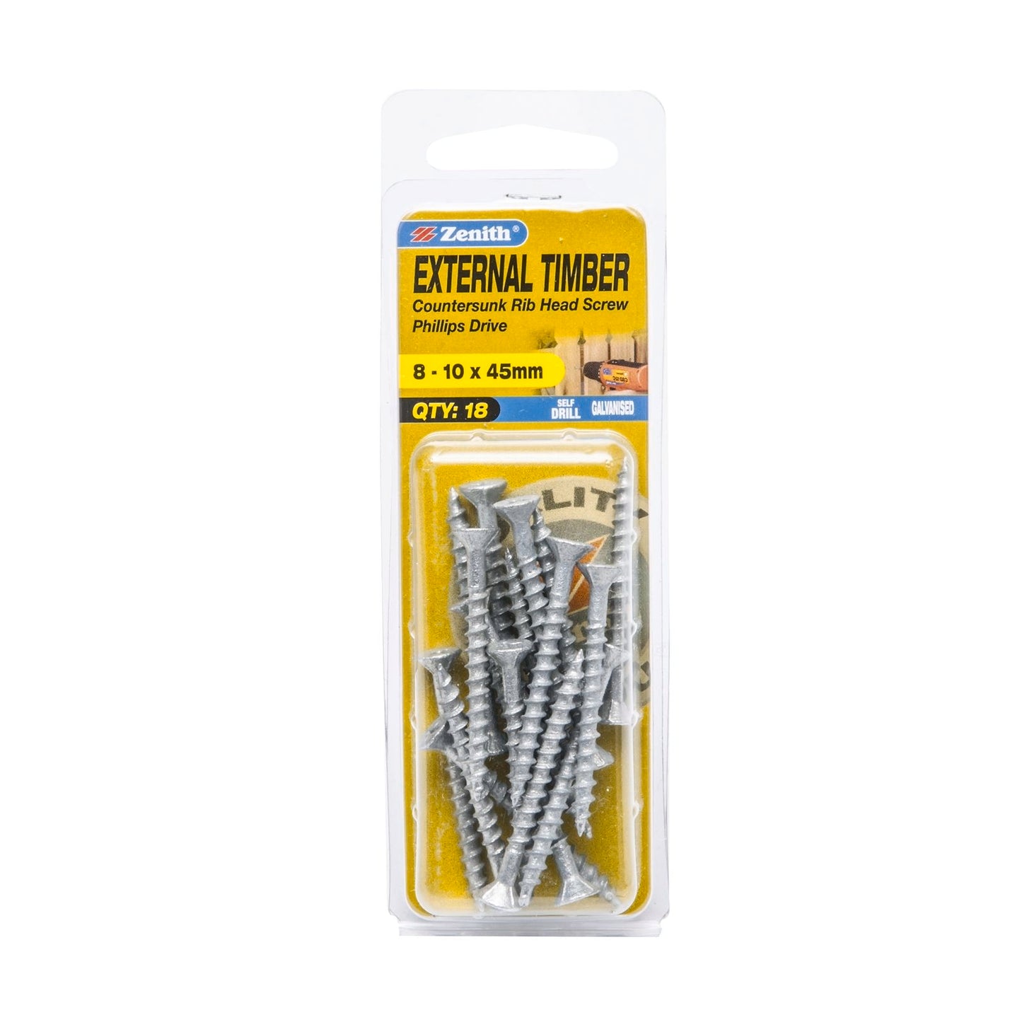 Zenith Timber Screws - 10 x 45mm - Galvanised Coarse - 18 Pack