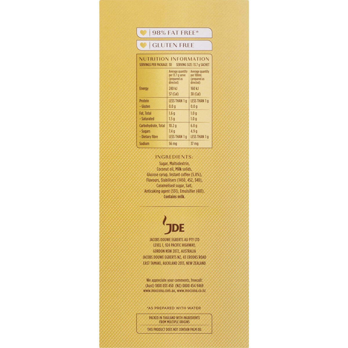 Moccona Caramel Latte Coffee Sachets 30 Pack, 1pc
