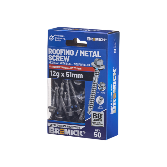Bremick Hex Roofing Screw - 12g x 51mm - 50 Pack