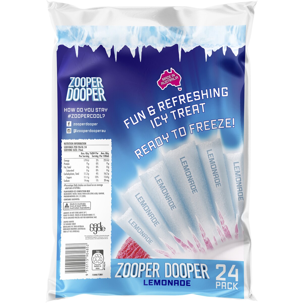 Zooper Dooper Ice Blocks Lemonade 24 X 70ml