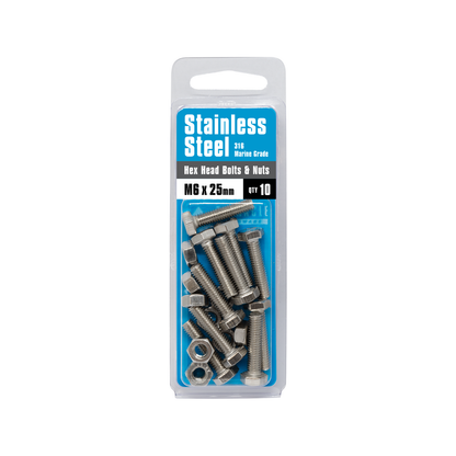 Pinnacle Hex Bolt and Nut - M6 x 25mm - Stainless Steel - 10 Pack