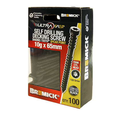 Bremick Ultrafast Trim Head Screws - 10g x 65mm - Black - 100 Pack