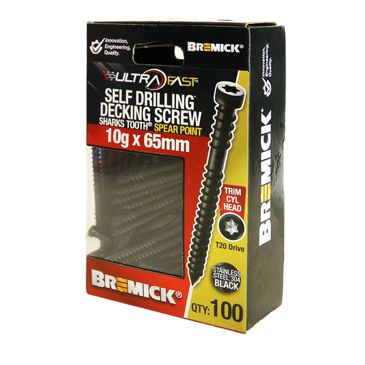 Bremick Ultrafast Trim Head Screws - 10g x 65mm - Black - 100 Pack