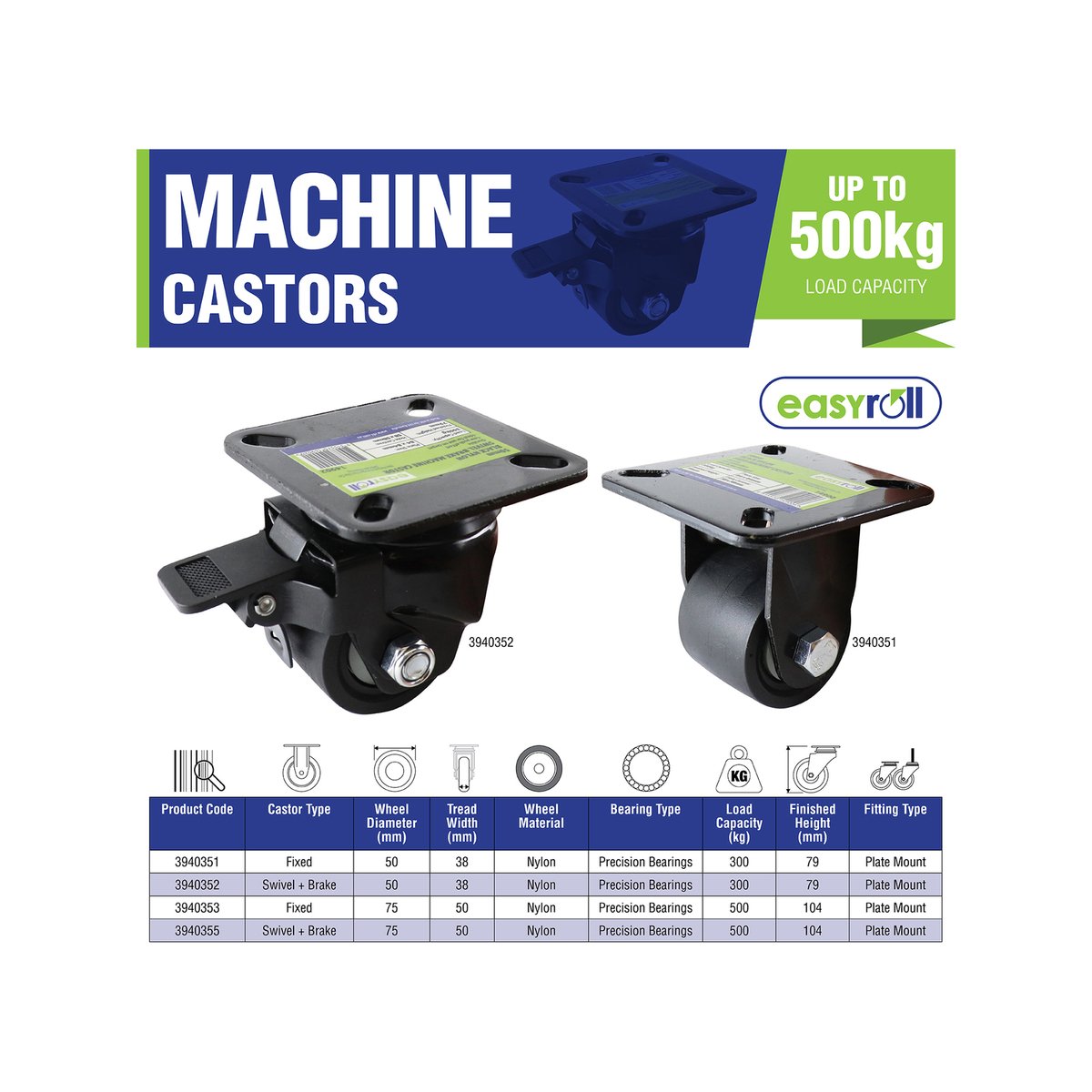 Easyroll 75mm Black Swivel Brake Castor Nylon 500kg Load Capacity