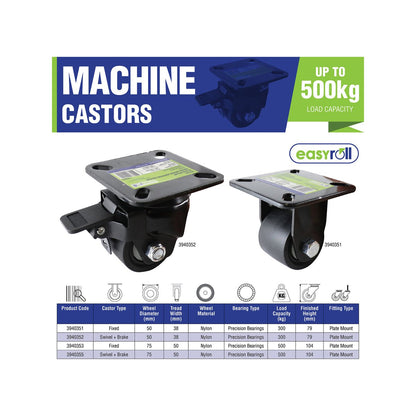Easyroll 75mm Black Swivel Brake Castor Nylon 500kg Load Capacity