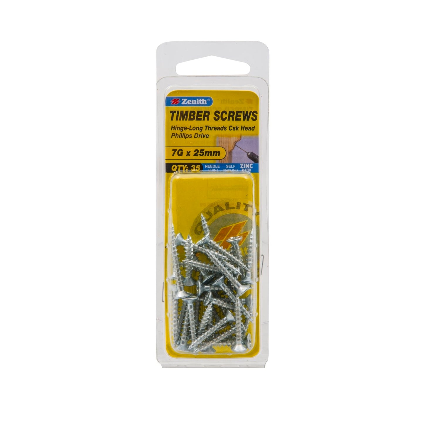 Zenith Hinge Long Thread Screw - 7g x 25mm - Zinc - 35 Pack