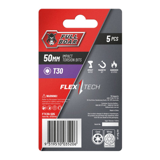 Full Boar Magnetic Impact Torsion Bits Set T30 x 50mm 5 Pack