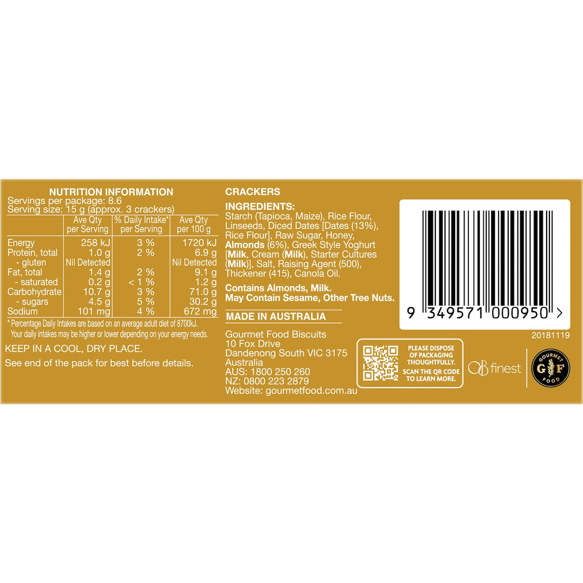 Ob Finest Gluten Free Speciality Crackers Date & Almond 130g