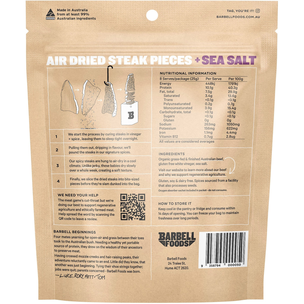 Barbell Biltong Grass Fed Beef Sea Salt 200g