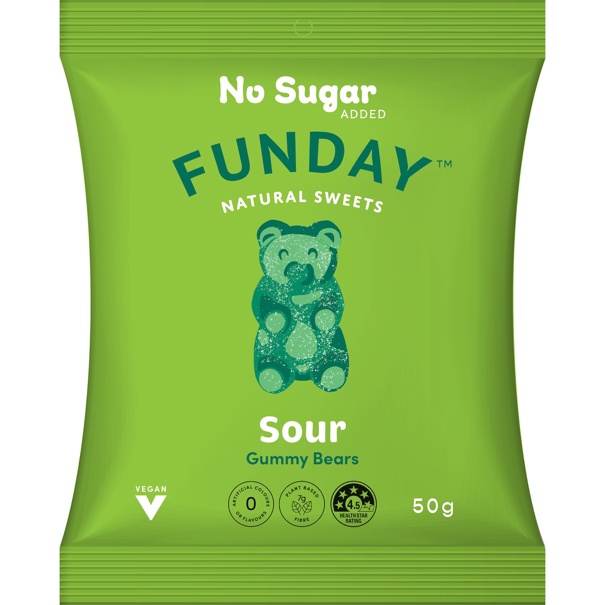 Funday Natural SweetsNo Sugar Added Vegan Lollies Sour Gummy Bears 50g