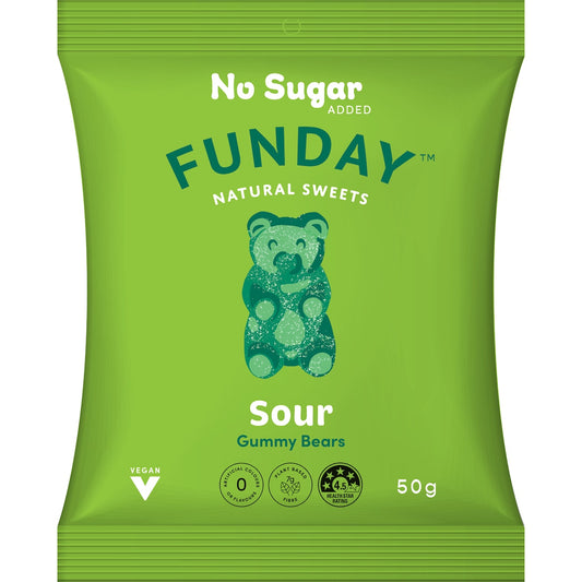 Funday Natural SweetsNo Sugar Added Vegan Lollies Sour Gummy Bears 50g