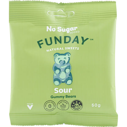 Funday Natural SweetsNo Sugar Added Vegan Lollies Sour Gummy Bears 50g