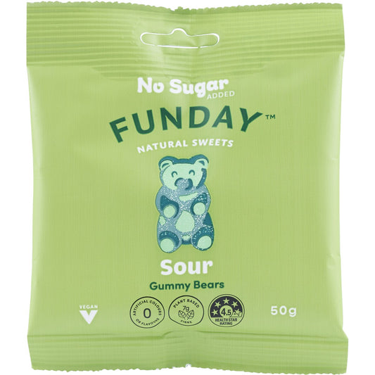 Funday Natural SweetsNo Sugar Added Vegan Lollies Sour Gummy Bears 50g