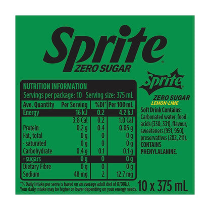 Sprite Zero Sugar Lemonade Soft Drink Multipack Cans 375ml - 10 Pack