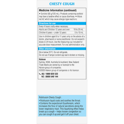Robitussin Chesty Cough Oral Liquid For Chest Congestion Raspberry 200ml