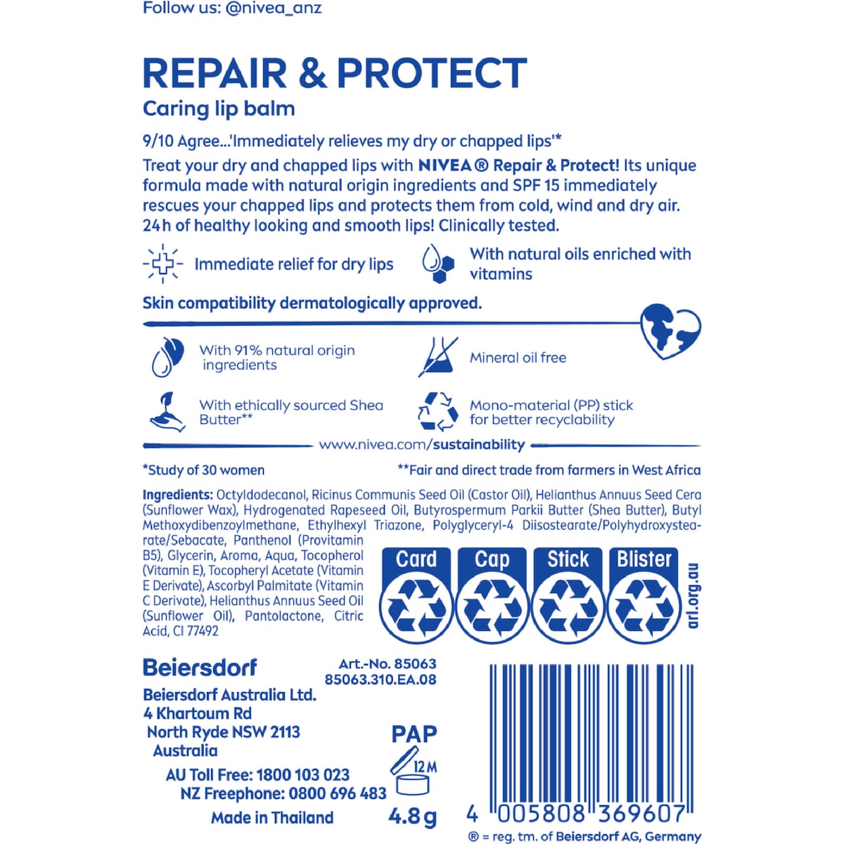 Nivea Repair & Protect Lip Balm Spf 15 4.8g