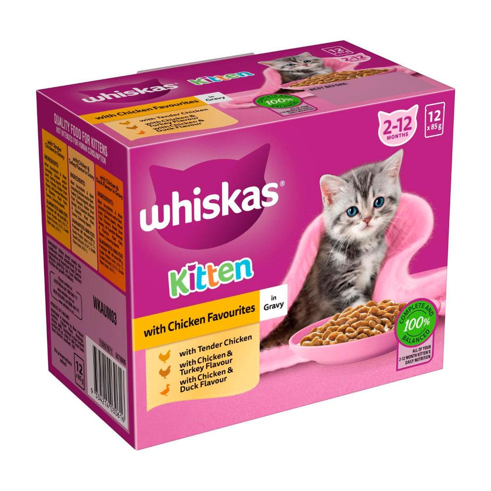 Whiskas Kitten Wet Cat Food With Chicken Favourites In Gravy Pouches 12x85g - 12 Pack