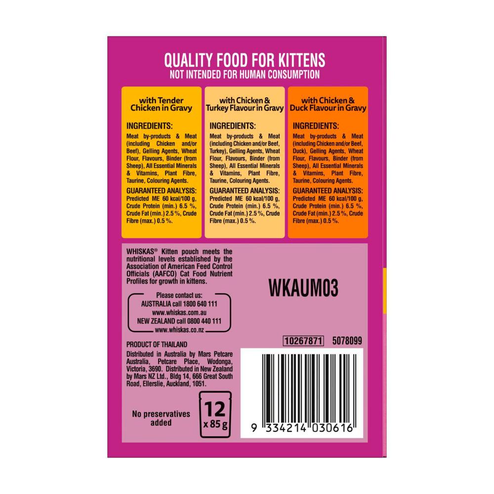 Whiskas Kitten Wet Cat Food With Chicken Favourites In Gravy Pouches 12x85g - 12 Pack