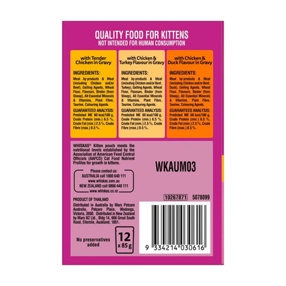 Whiskas Kitten Wet Cat Food With Chicken Favourites In Gravy Pouches 12x85g - 12 Pack