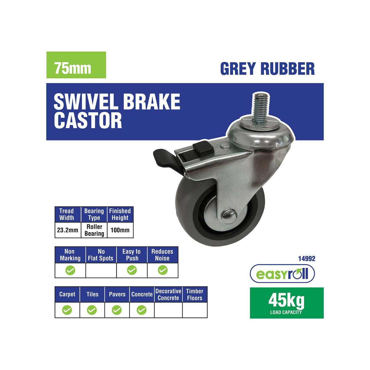 Easyroll 75mm Grey Rubber Swivel Castor 45kg Load Capacity