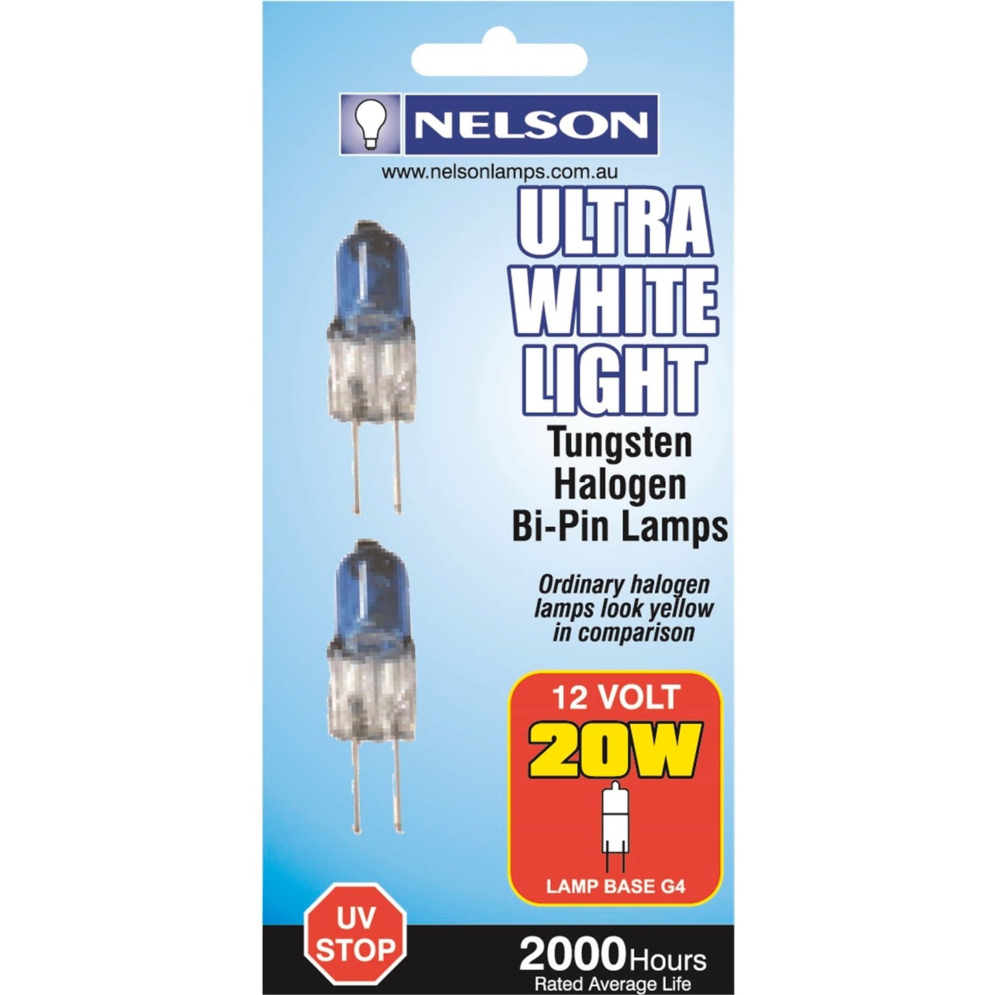 Nelson Ultra White Halogen G4 Bi Pin Lamps - 20W - 2 Pack