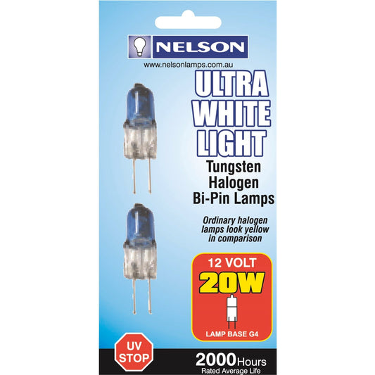 Nelson Ultra White Halogen G4 Bi Pin Lamps - 20W - 2 Pack