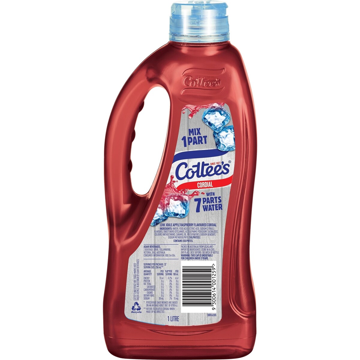 Cottees Zero Sugar Cordial Apple & Raspberry Cordial Bottle 1L