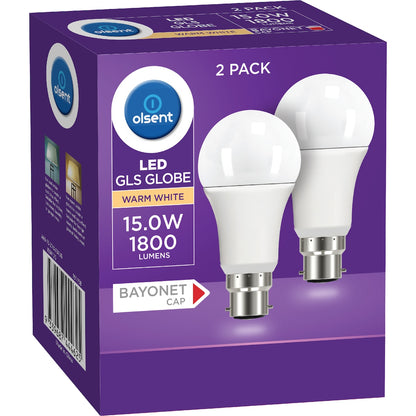 Olsent Led Gls Bc 15.0w 1800lm Warm White 2 Pack
