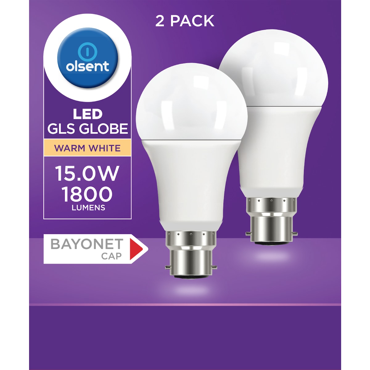 Olsent Led Gls Bc 15.0w 1800lm Warm White 2 Pack