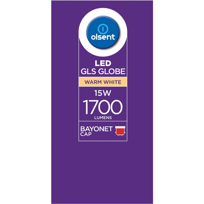 Olsent Led Gls Globe 15w 1700lm Warm White Bayonet Cap 2 Pack
