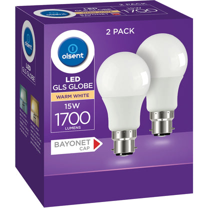 Olsent Led Gls Globe 15w 1700lm Warm White Bayonet Cap 2 Pack