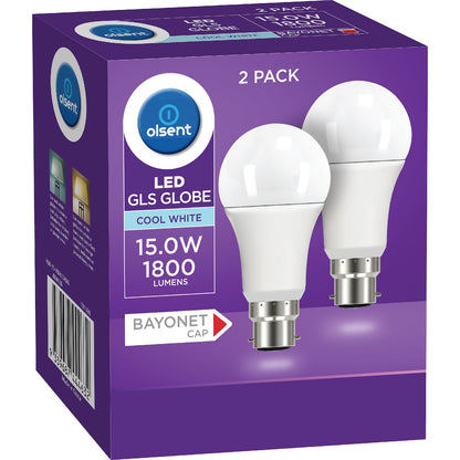 Olsent Led Gls Bc 15.0w 1800lm Cool White 2 Pack