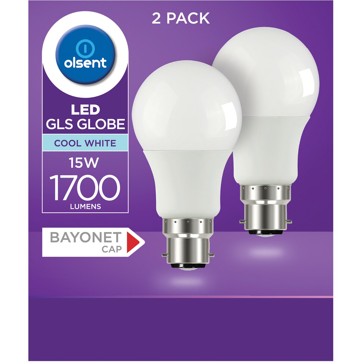 Olsent LED GLS Bayonet Cap 15W 1700lm Cool White Light Globe 2 pack