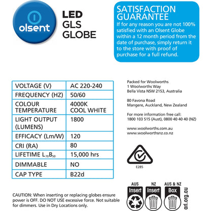 Olsent Led Gls Bc 15.0w 1800lm Cool White 2 Pack