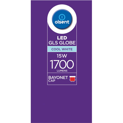 Olsent LED GLS Bayonet Cap 15W 1700lm Cool White Light Globe 2 pack